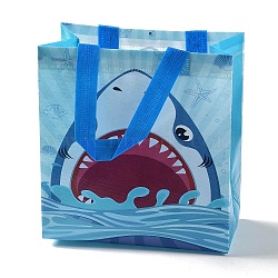 Cartoon Printed Shark Non-Woven Reusable Folding Gift Bags with Handle, Portable Waterproof Shopping Bag for Gift Wrapping, Rectangle, Dodger Blue, 11x21.5x23cm, Fold: 28x21.5x0.1cm(ABAG-F009-D01)