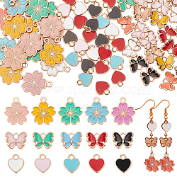 90Pcs 3 Style Light Gold Alloy Enamel Pendants, Sakura Flower & Butterfly & Heart, Mixed Color, 10.5~20.5x10~17.5x1.5~3mm, Hole: 2mm, 30pcs/style(ENAM-CA0001-23)