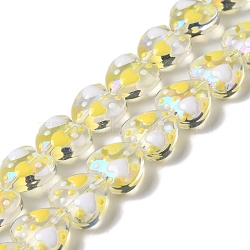 Handmade Glass Beads Strands, Hand Drawn Beads, with Enamel, Heart, Yellow, 11~12x12~12.5x6~6.5mm, Hole: 0.6mm, about 30pcs/strand, 13.27''(33.7cm)(LAMP-K037-09D)