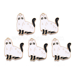 Light Gold Tone Alloy Enamel Pendants, Cat Charm, White, 28x24x1.5mm, Hole: 2mm(ENAM-N056-192)