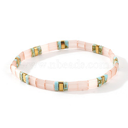 Bohemian Style Glass Seed Beads Stretch Bracelets for Women, Rectangle, Misty Rose, 6.30 inch(16cm)~6.50 inch(16.5cm)(FG0576-1)
