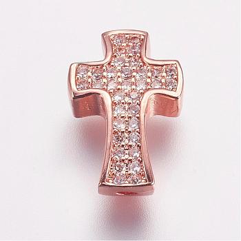 Brass Micro Pave Cubic Zirconia Beads, Cross, Rose Gold, 14x9x4mm, Hole: 1.5mm