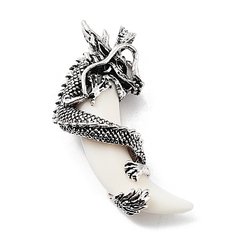 Tibetan Style Alloy Big Pendants, Dragon Charms with Floral White Resin Horn, Antique Silver, 66x40x14.5mm, Hole: 7x4mm