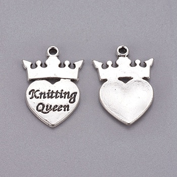 Tibetan Style Crown with Heart Carved Word Knitting Queen Alloy Pendants, Cadmium Free & Lead Free, Antique Silver, 25.5x17x1.5mm, Hole: 1.5mm