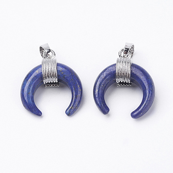 Natural Lapis Lazuli Pendants, with Brass Findings, Double Horn/Crescent Moon, Platinum, 22~23x19~20x9mm, Hole: 5x7mm