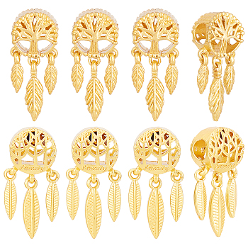 SUPERFINDINGS 16Pcs 2 Style Alloy European Beads, Large Hole Beads, Long-Lasting Plated, Cadmium Free & Lead Free, Round with Feather & Word Family, Golden, 25x11x6~77mm, Hole: 5mm, 8pcs/style