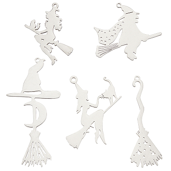 10Pcs 5 Style Halloween 201 Stainless Steel Big Pendants, Laser Cut, Witch Hat with Witch Broom, Stainless Steel Color, 31~57x27~35x1~1.5mm, Hole: 1.4~2mm, 2pcs/style