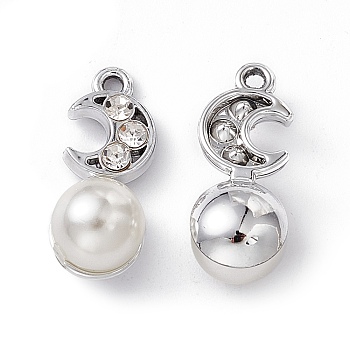 Alloy Rhinestone Pendants, with ABS Imitation Pearl Beads, Moon Charm, Platinum, Crystal, 19x8x8.5mm, Hole: 1.4mm