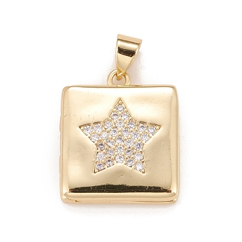 Brass Micro Pave Cubic Zirconia Locket Pendants, Photo Frame Charms for Necklaces, Real 18K Gold Plated, Lead Free & Cadmium Free, Square with Star, Clear, 19x16x4.5mm, Hole: 4x3mm, Inner Diameter: 11x11mm