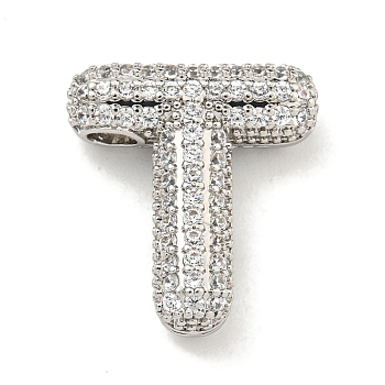 Platinum Plated Brass Micro Pave Cubic Zirconia Pendants, Letter Charms, Letter T, 17x20x6mm, Hole: 3.5x2mm