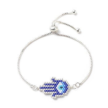 Glass Seed Braided Hamsa Hand with Evil Eye Link Slider Bracelet, Silver Brass Adjustable Bracelet for Women, Dark Blue, Inner Diameter: 2-3/4 inch(7cm)