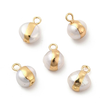 Natural Pearl Charms, with Brass Loops, Flat Round, Light Gold, 10~12x7~9x5~8mm, Hole: 1.8mm
