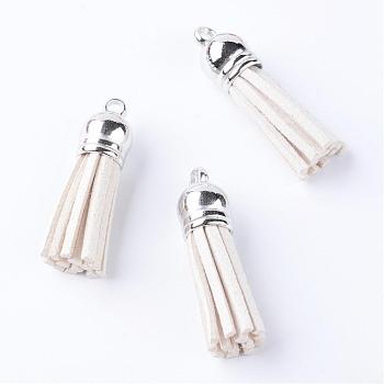 Faux Suede Tassel Pendant Decorations, with CCB Plastic Cord Ends, Platinum, Creamy White, 35~37x10mm, Hole: 1.8mm