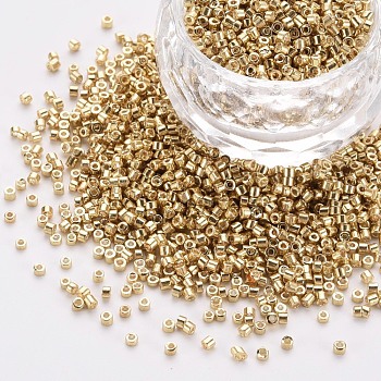 Plated Glass Cylinder Beads, Seed Beads, Metallic Colours, Round Hole, Gold, 1.5~2x1~2mm, Hole: 0.8mm, about 8000pcs/bag, about 1pound/bag