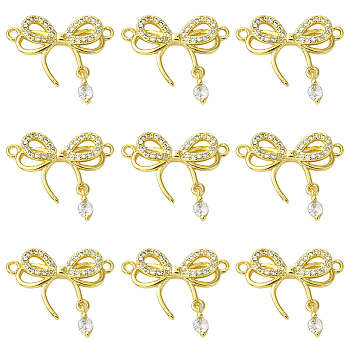 10Pcs Rack Plating Brass Pave Clear Cubic Zirconia Bowknot Connector Charms, Long-Lasting Plated, Lead Free & Cadmium Free, Real 18K Gold Plated, 14x21.5x3.5mm, Hole: 1.4mm