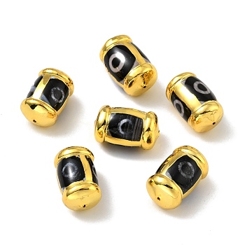 Tibetan Style dZi Beads, Natural Agate Beads, with Golden Tone Brass Findings, Lead Free & Cadmium Free, Barrel, 1-Eye, 21~22.5x13~14mm, Hole: 1.2mm