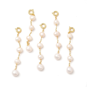 Brass Natural Pearl Beads Spring Ring Clasp Charms, Round, Real 14K Gold Plated, 62x7x6.5mm