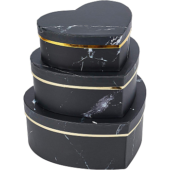 Marble Texture Pattern Paper Cardboard Jewelry Boxes, Heart, Black, 21.3x19.8x9.05cm, 18.5x16.6x7.6cm, 15.6x13.9x6.3cm, 3pcs/set