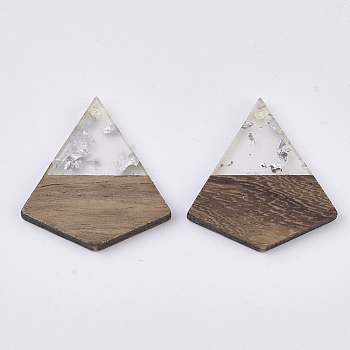 Transparent Resin & Walnut Wood Pendants, with Silver Foil, Waxed, Kite, Silver, 28x26x3.5mm, Hole: 1.8mm