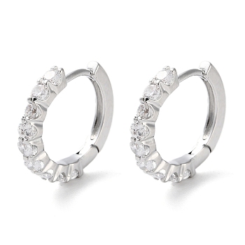Brass Micro Pave Clear Cubic Zirconia Hoop Earrings, Ring, Real Platinum Plated, 14x1.5x14.5mm