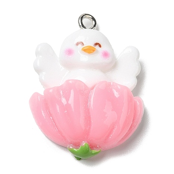 Cute Opaque Resin Pendants, Duck Charms with Platinum Plated Iron Loops, Pink, 29x22x8.5mm, Hole: 1.6mm