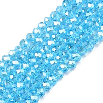 Electroplate Glass Beads Strands, Pearl Luster Plated, Faceted, Rondelle, Deep Sky Blue, 2.9~3.3x2mm, Hole: 0.8mm, about 148~150pcs/strand, 39.5~40cm