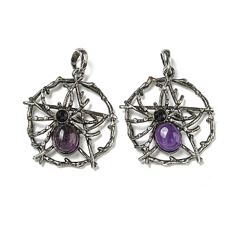 Natural Amethyst Pendants, Alloy Pentagram with Spider Charms, Antique Silver, 44.5x39x7mm, Hole: 7.5x6.5mm