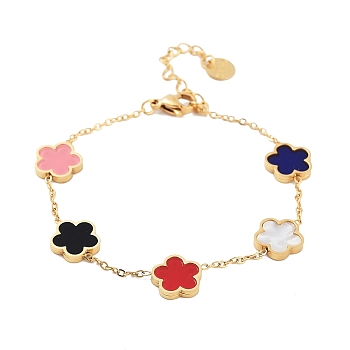 Flower Resin & Shell Link Chain Bracelets, Golden Tone 304 Stainless Steel Cable Chain Bracelets for Women, Colorful, 6-1/4~6-3/8 inch(15.9~16.3cm)