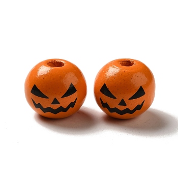Printed Black Jack O Lantern Round Wood European Beads, Large Hole Halloween Pumpkin Beads, Orange, 16mm, Hole: 4mm