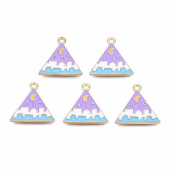 Alloy Enamel Pendants, Cadmium Free & Lead Free, Light Gold, Triangle with Moon, Lilac, 19x20x1.5mm, Hole: 1.5mm
