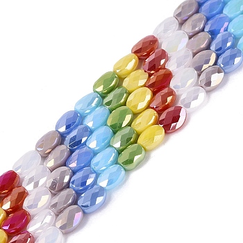 Electroplate Opaque Glass Beads Strands, Oval, AB Color Plated, Faceted, Mixed Color, 5.5~6x4.5x3mm, Hole: 0.6~0.9mm, about 56~63pcs/strand, 13.58~15.55 inch(34.5~39.5cm)