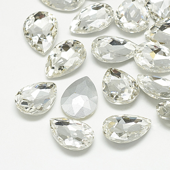 Pointed Back Glass Rhinestone Cabochons, Back Plated, Faceted, teardrop, Crystal, 18x13x5mm
