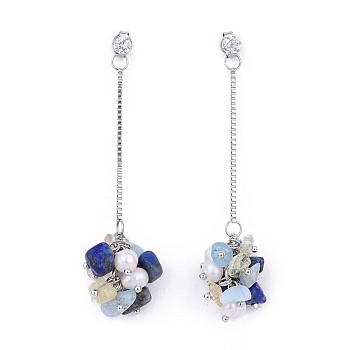 Chip Natural Lapis Lazuli, Citrine & Aquamarine Dangle Stud Earrings, with Grade A Pearl Beads and Cubic Zirconia, 316 Surgical Stainless Steel Venice Chains, Brass Ball Head Pins, with Cardboard Jewelry Boxes, 66mm, Pin: 0.7mm