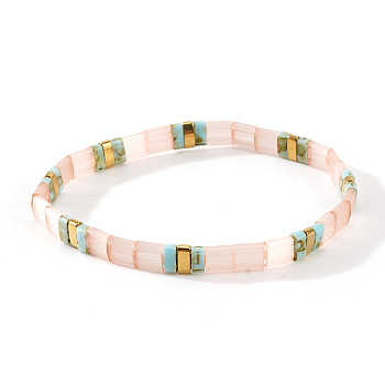 Bohemian Style Glass Seed Beads Stretch Bracelets for Women, Rectangle, Misty Rose, 6.30 inch(16cm)~6.50 inch(16.5cm)