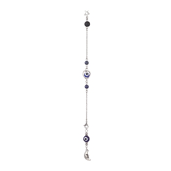 Evil Eye Lampwork Pointed Dowsing Pendulums, with 304 Stainless Steel Cable Chains, Natural Lava Rock & Lapis Lazuli, Alloy Moon, Platinum, 225mm