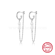 Rhodium Plated 925 Sterling Silver Ring Stud Earrings, Natural Pearl Beaded Half Hoop Earrings, with 925 Stamp, Platinum, 45mm(DD5534-2)