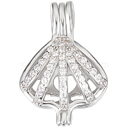 1Pc Rhodium Plated 925 Sterling Silver Empty Bead Cage Pendants, with Clear Cubic Zirconia, Shell Shape, 22x14x10mm, Hole: 4x2.5mm, Inner Diameter: 12x11.5mm(STER-BBC0005-70B)