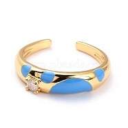 Brass Micro Pave Clear Cubic Zirconia Cuff Rings, Open Rings, with Enamel, Golden, Dodger Blue, US Size 6 3/4(17.1mm)(RJEW-O046-05G)