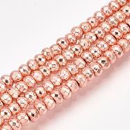 Electroplate Non-magnetic Synthetic Hematite Bead Strands, Rondelle, Faceted, Rose Gold Plated, 3x2mm, Hole: 1mm, about 208pcs/strand, 15.7 inch(G-Q465-21RG)