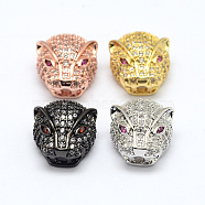 CZ Brass Micro Pave AAA Cubic Zirconia 3D Leopard Head Beads, Lead Free & Nickel Free & Cadmium Free, Mixed Color, 14x13x9mm, Hole: 3x2mm(ZIRC-L012-09-NR)