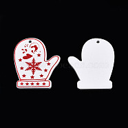 Christmas Spray Painted Wood Big Pendants, with Single-Sided Printed, Glove Charm with Snowflake Pattern, White, 52x42.5x2.5mm, Hole: 3mm(WOOD-N005-102B)