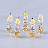 Glass Bottle Decorations, with Resin & Dried Flower, Resin Tampions and Iron Findings, Gold, 42~44x11mm, Hole: 2mm(GLAA-S181-03C)
