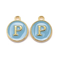 Golden Plated Alloy Enamel Charms, Cadmium Free & Lead Free, Enamelled Sequins, Flat Round with Letter, Sky Blue, Letter.P, 14x12x2mm, Hole: 1.5mm(X-ENAM-S118-04P)