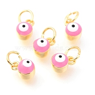 Brass Enamel Pendants, Long-Lasting Plated, Real 18K Gold Plated, with Jump Rings, Column with Evil Eye, Pink, 7x3.5x4.5mm,Jump Ring: 5x0.6mm, 3mm inner diameter.(KK-Y001-02B-02G)