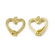 Brass Micro Pave Cubic Zirconia Pendants, with Jump Ring, Heart with Snake Charm, Golden, 22x22x4.5mm, Hole: 3mm(KK-E068-VB318)