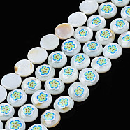 Natural Freshwater Shell Enamel Beads, Flat Round with Flower, Deep Sky Blue, 9x3mm, Hole: 0.8mm, about 42pcs/strand, 14.57 inch(37cm)(SHEL-N026-191)