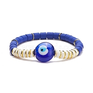 Handmade Polymer Clay & Natural Shell Beads Stretch Bracelet, Flat Round with Evil Eye Lampwork Beads Lucky Bracelet for Women, Blue, Inner Diameter: 2-1/8 inch(5.5cm)(BJEW-JB07398-01)