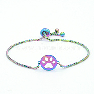 Adjustable 201 Stainless Steel Slider Bracelets, Bolo Bracelets, with Box Chains, Flat Round with Dog Paw Prints, Rainbow Color, 9-1/2 inch(24cm)(STAS-S105-JN648)