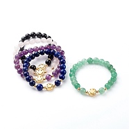 Natural Mixed Stone Stretch Bracelets, with Brass Smiling Face Beads, Round, Inner Diameter: 2-1/8 inch(5.5cm)(BJEW-JB06568)