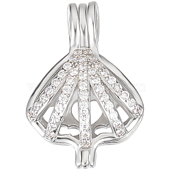 1Pc Rhodium Plated 925 Sterling Silver Empty Bead Cage Pendants, with Clear Cubic Zirconia, Shell Shape, 22x14x10mm, Hole: 4x2.5mm, Inner Diameter: 12x11.5mm(STER-BBC0005-70B)